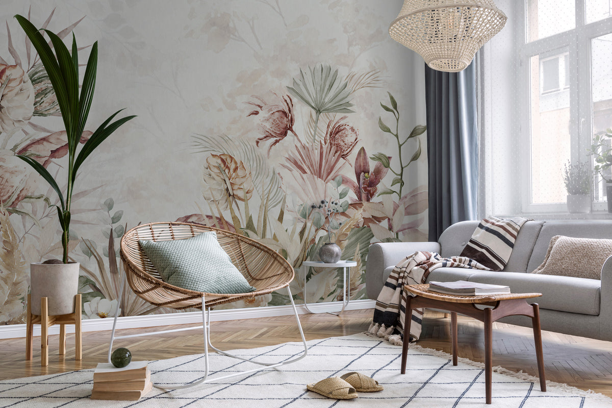 Pastel Exotic Flowers Wallpaper : Soft Tropical Botanical Mural - View 4