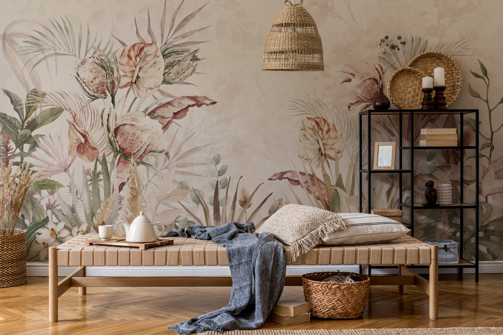Pastel Exotic Flowers Wallpaper : Soft Tropical Botanical Mural - View 5