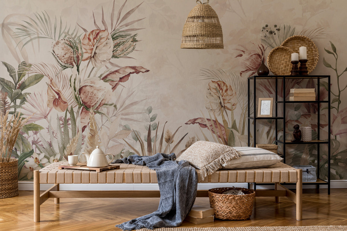 Pastel Exotic Flowers Wallpaper : Soft Tropical Botanical Mural - View 5