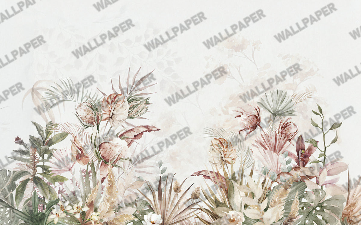 Pastel Exotic Flowers Wallpaper : Soft Tropical Botanical Mural - View 2
