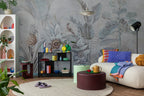 Grey Tropical Bird Wallpaper : Soft Leaves and Perched Bird Mural