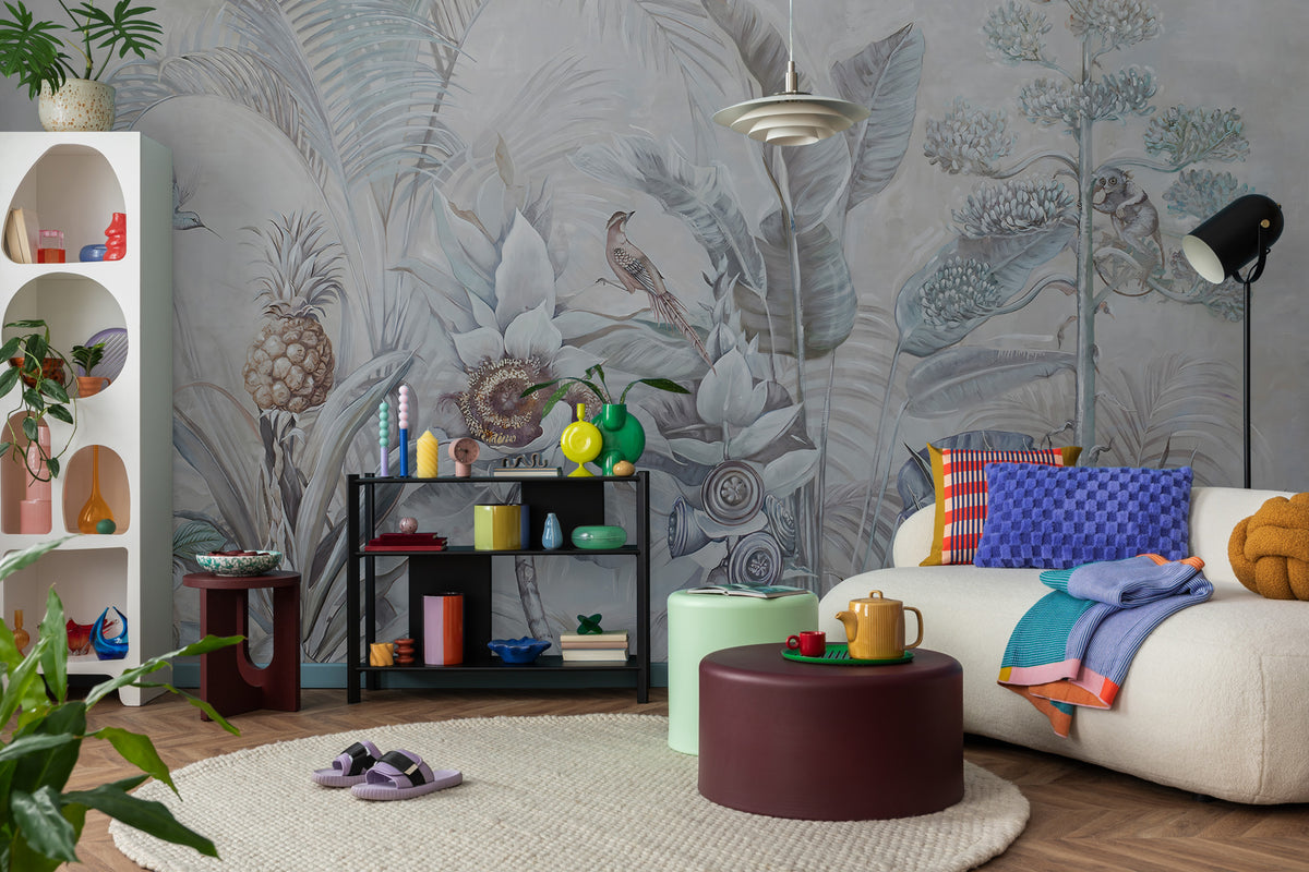 Grey Tropical Bird Wallpaper : Soft Leaves and Perched Bird Mural