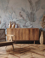 Grey Tropical Bird Wallpaper : Soft Leaves and Perched Bird Mural - View 3