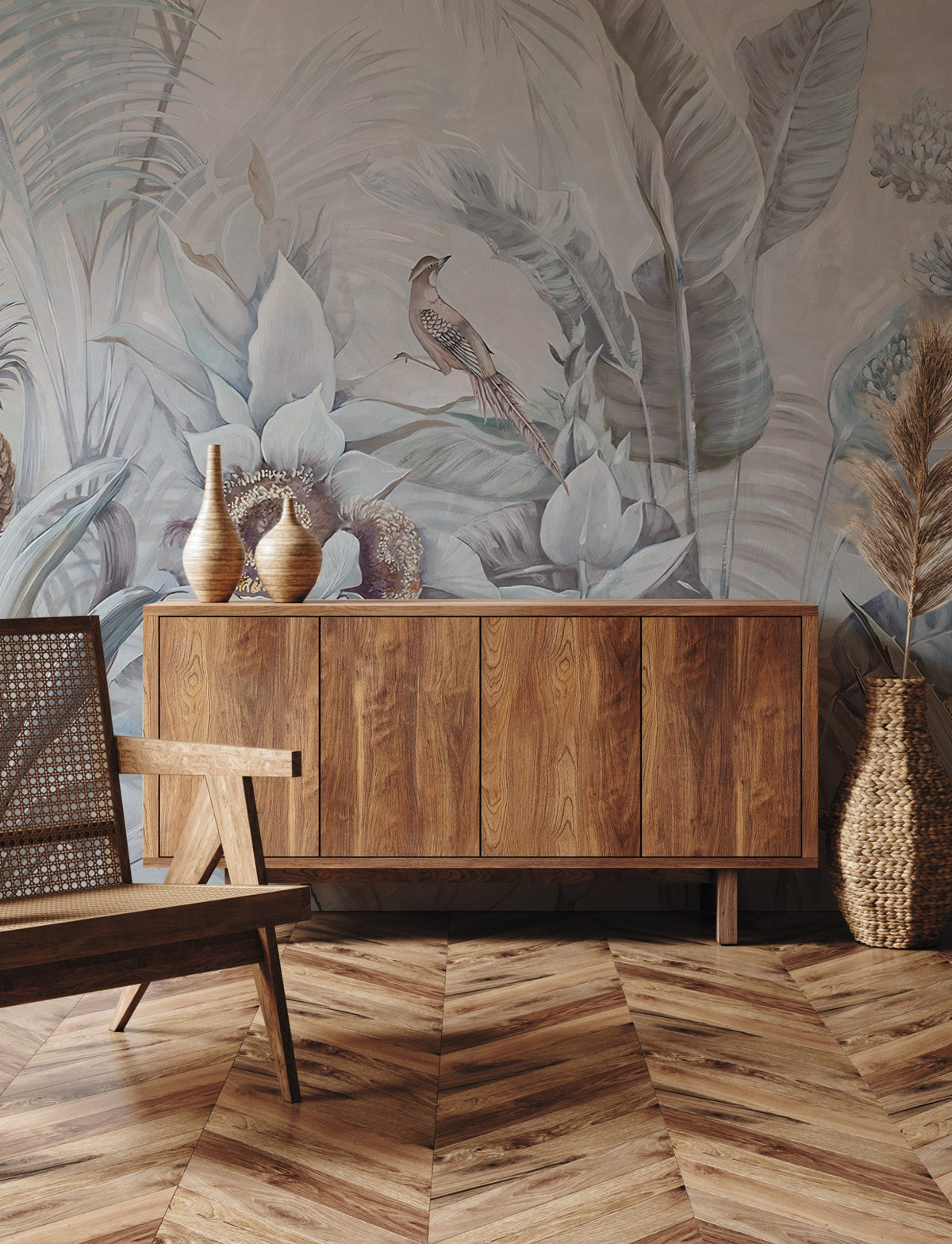Grey Tropical Bird Wallpaper : Soft Leaves and Perched Bird Mural - View 3