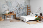 Grey Tropical Bird Wallpaper : Soft Leaves and Perched Bird Mural - View 4