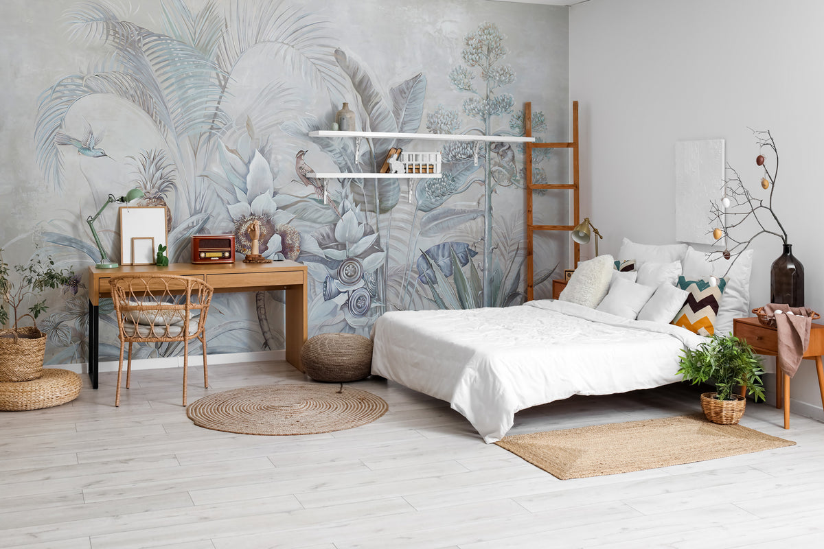 Grey Tropical Bird Wallpaper : Soft Leaves and Perched Bird Mural - View 4