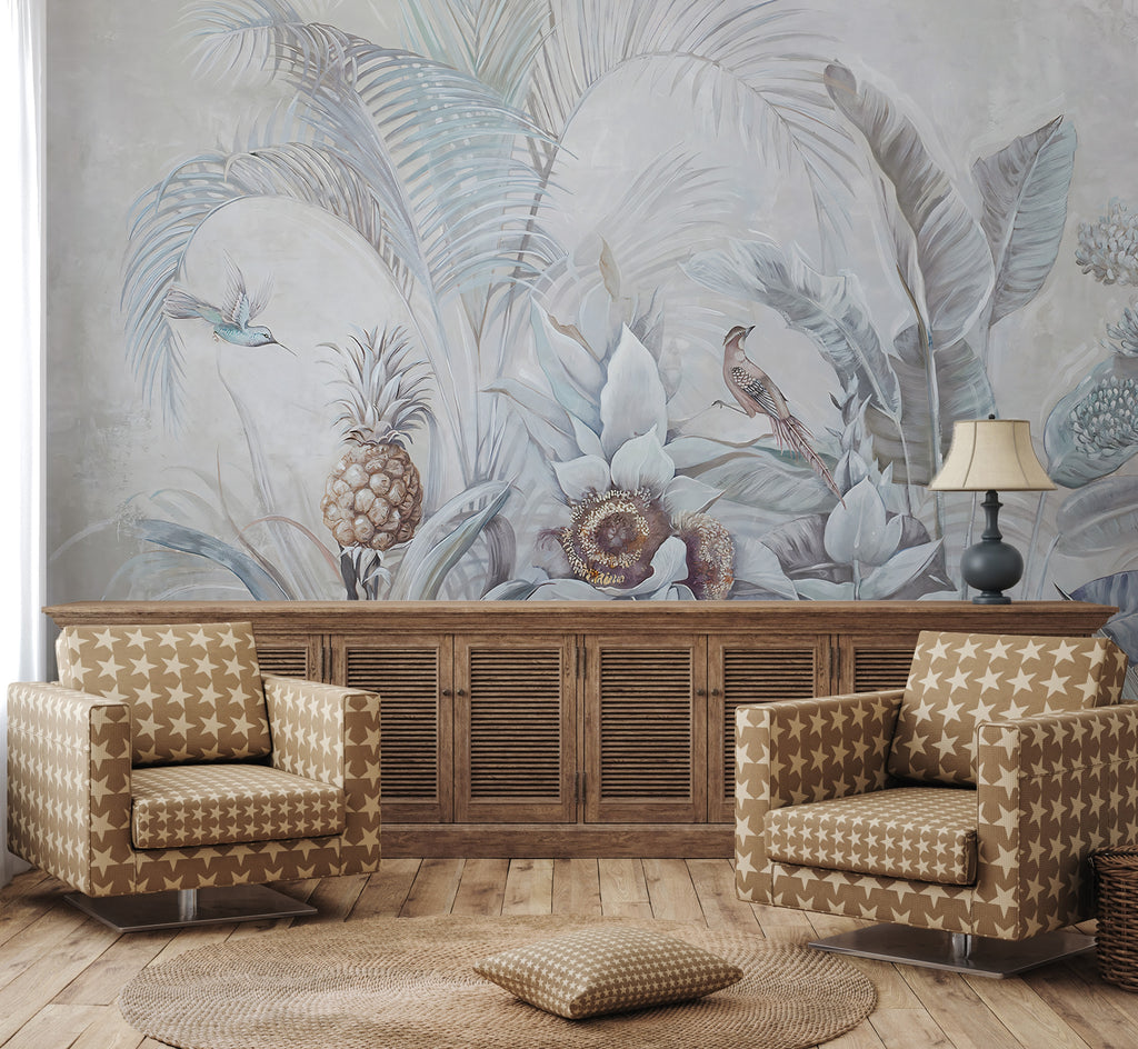 Grey Tropical Bird Wallpaper : Soft Leaves and Perched Bird Mural - View 5