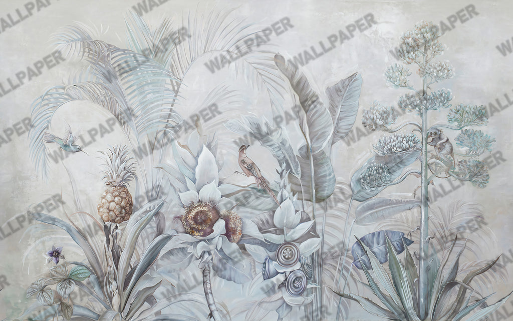 Grey Tropical Bird Wallpaper : Soft Leaves and Perched Bird Mural - View 2