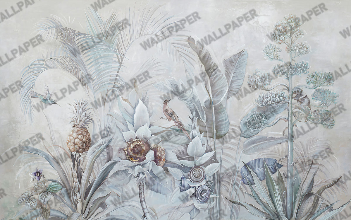 Grey Tropical Bird Wallpaper : Soft Leaves and Perched Bird Mural - View 2
