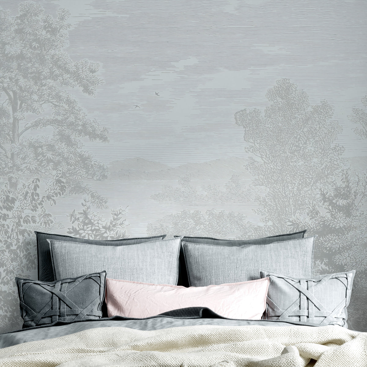 Soft Valley Trees Wallpaper : White Line Landscape Mural