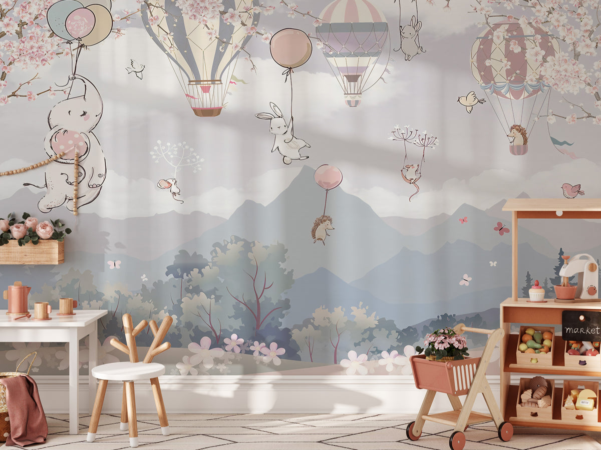 Sakura Balloon Animals Wallpaper : Kids Pastel Mountain Mural - View 4