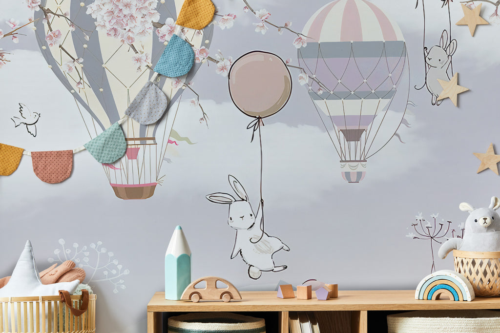 Sakura Balloon Animals Wallpaper : Kids Pastel Mountain Mural - View 5