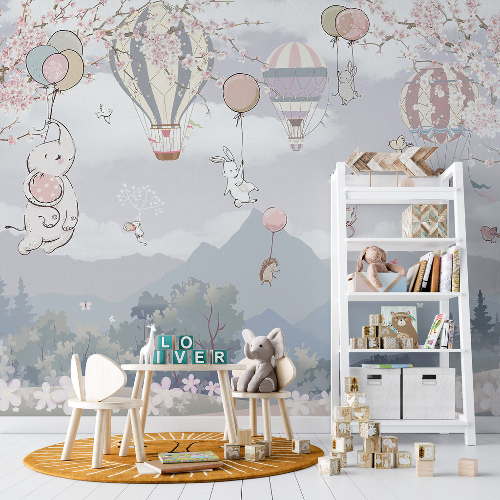 Sakura Balloon Animals Wallpaper : Kids Pastel Mountain Mural