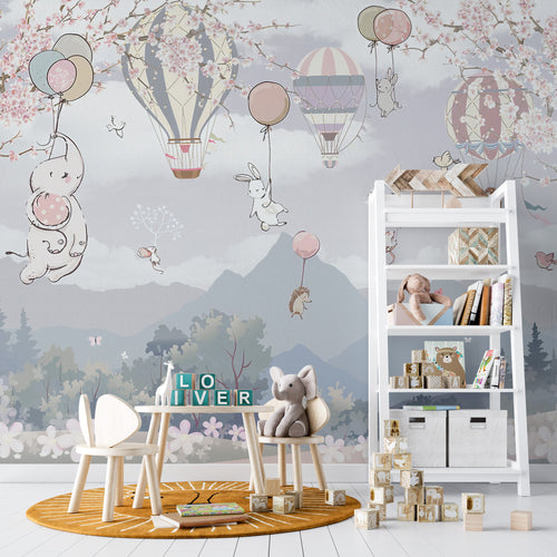 Sakura Balloon Animals Wallpaper : Kids Pastel Mountain Mural