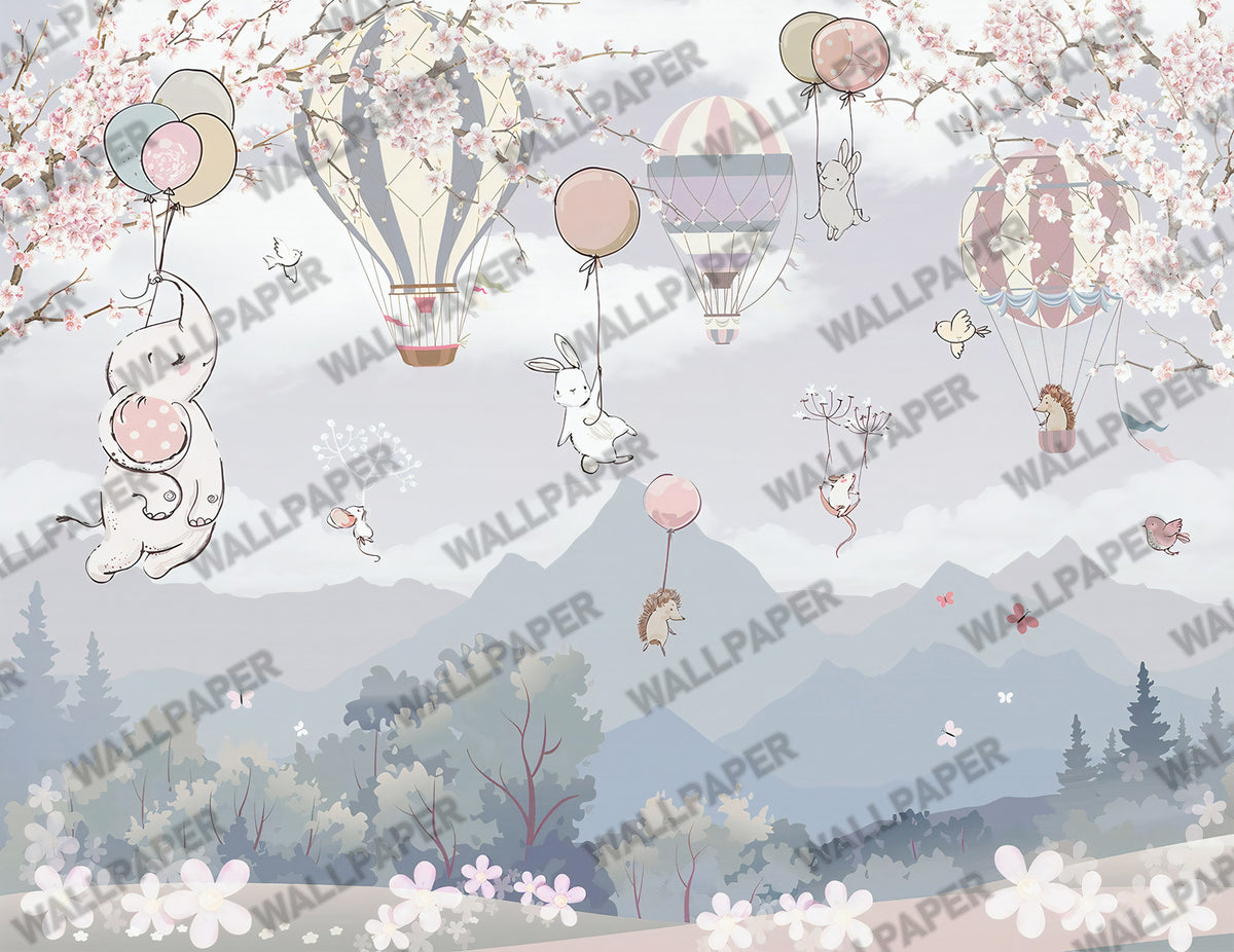 Sakura Balloon Animals Wallpaper : Kids Pastel Mountain Mural - View 2