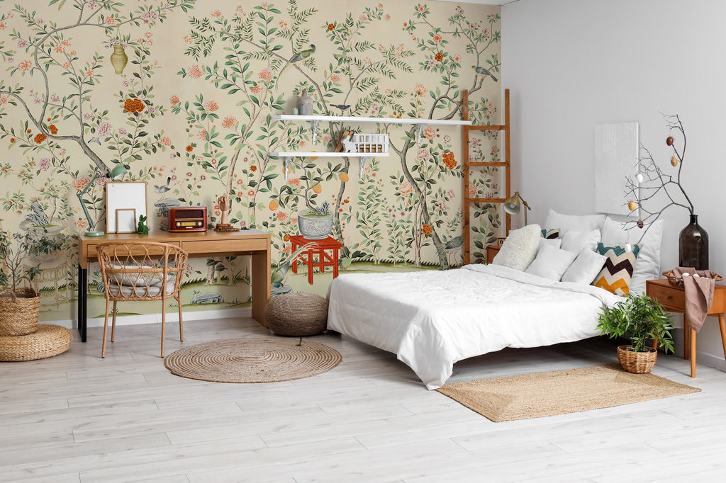 Beige Rose Tree Birds Wallpaper : Chinoiserie Garden Mural - View 2
