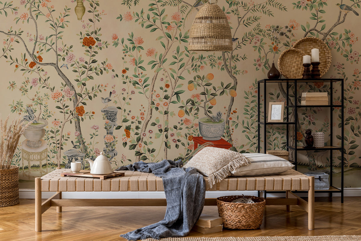 Beige Rose Tree Birds Wallpaper : Chinoiserie Garden Mural - View 3