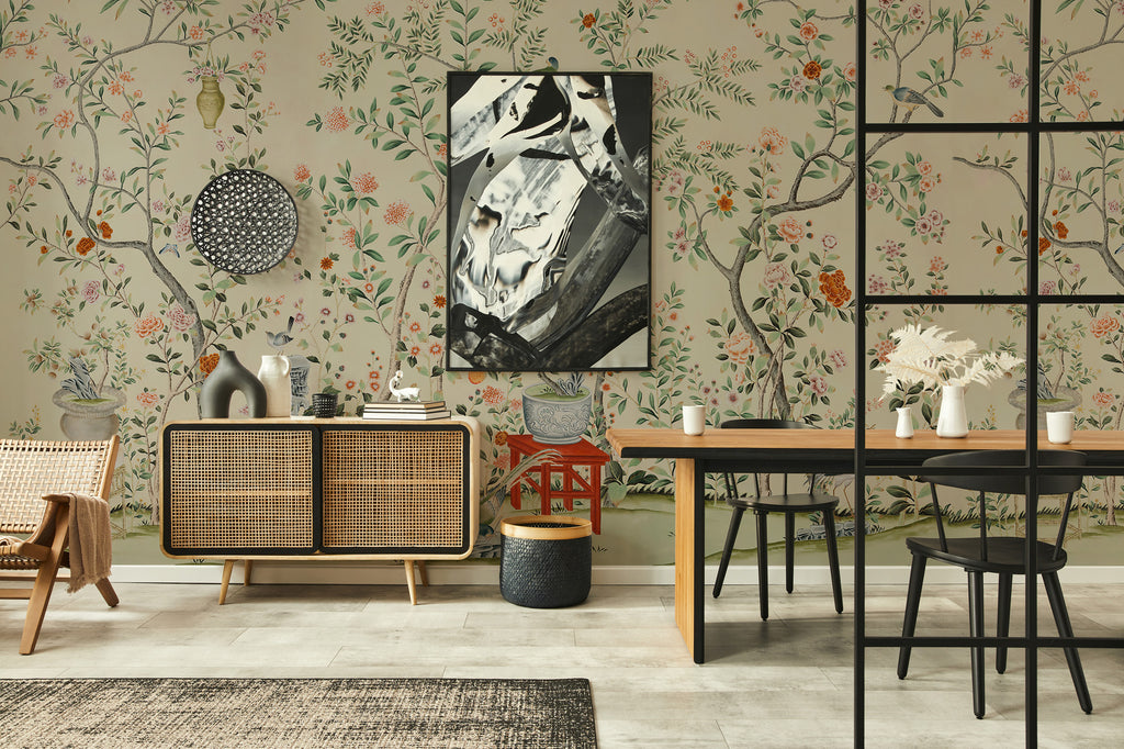 Beige Rose Tree Birds Wallpaper : Chinoiserie Garden Mural - View 4