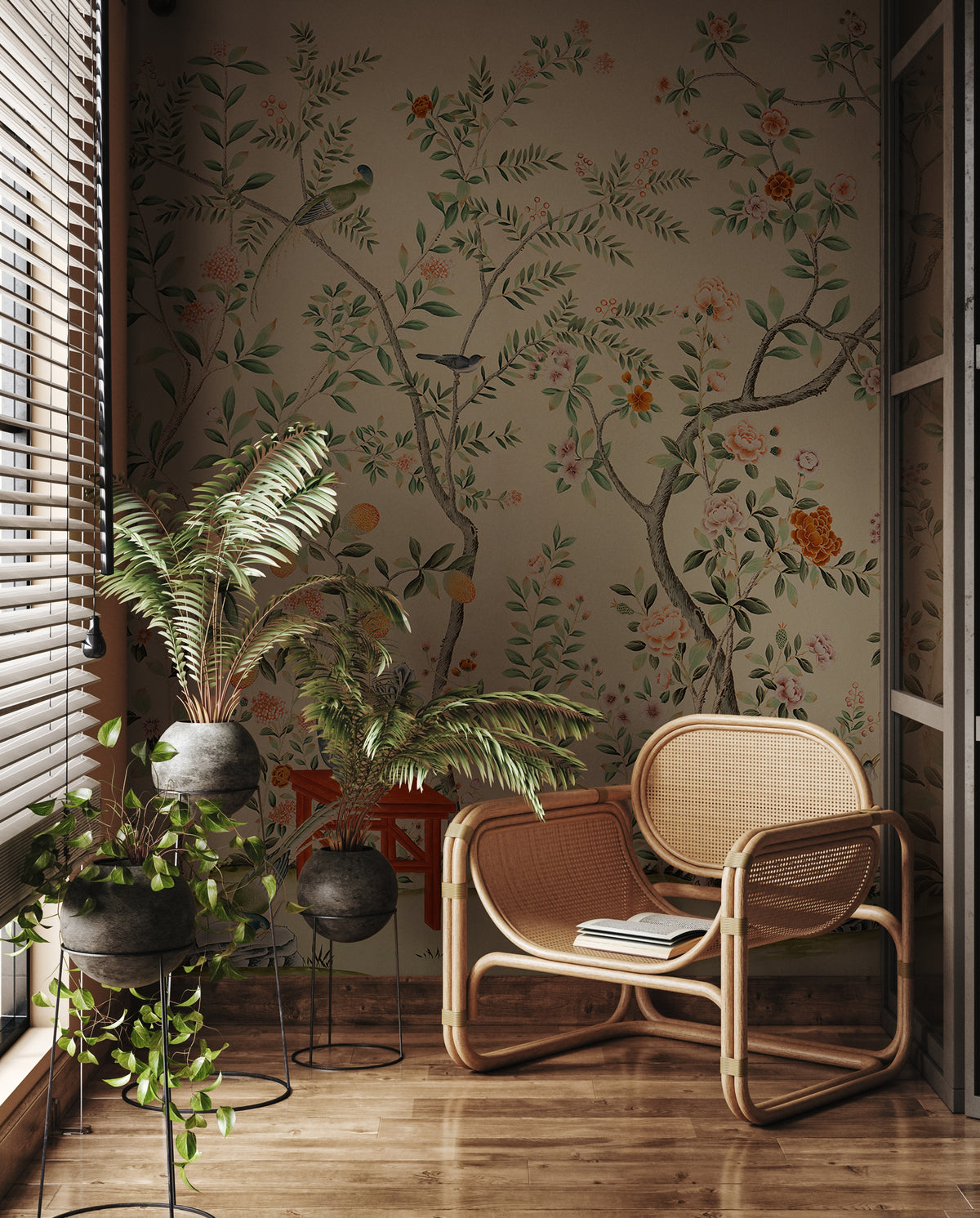 Beige Rose Tree Birds Wallpaper : Chinoiserie Garden Mural - View 5
