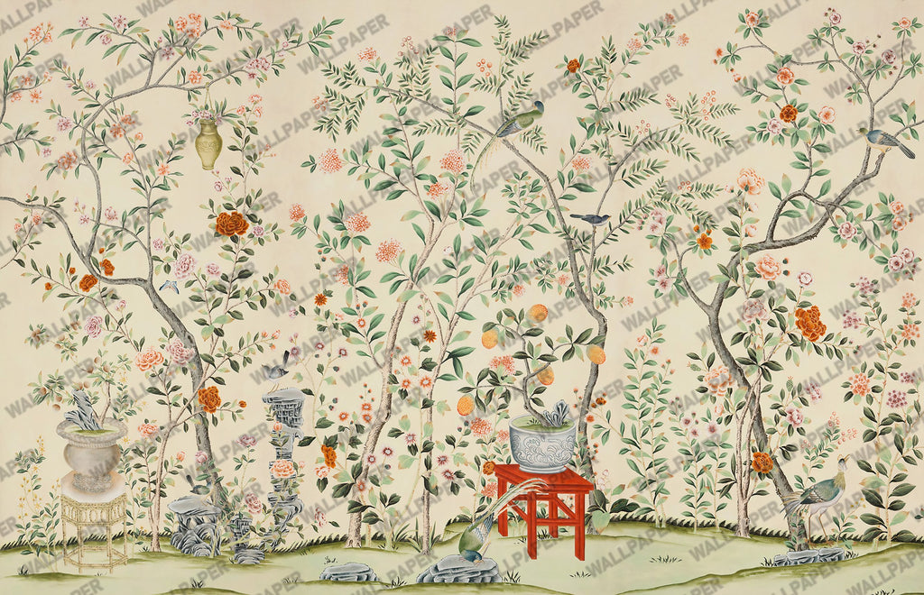 Beige Rose Tree Birds Wallpaper : Chinoiserie Garden Mural - flat design