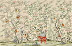 Beige Rose Tree Birds Wallpaper : Chinoiserie Garden Mural - flat design