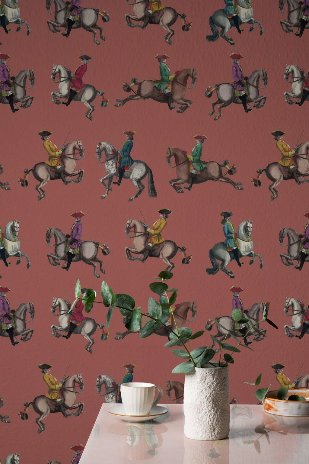 Horse Riders Wallpaper : Vintage Cavalry on Terracotta Pattern Mural - View 4
