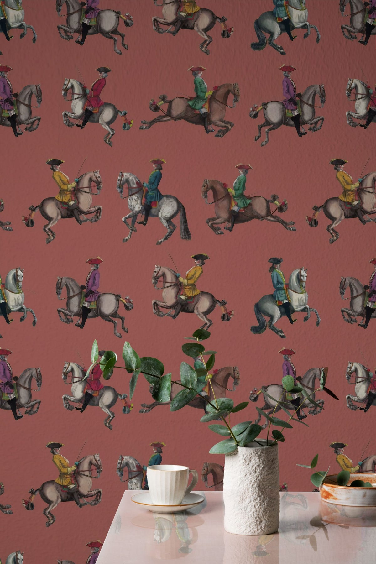Horse Riders Wallpaper : Vintage Cavalry on Terracotta Pattern Mural - View 4