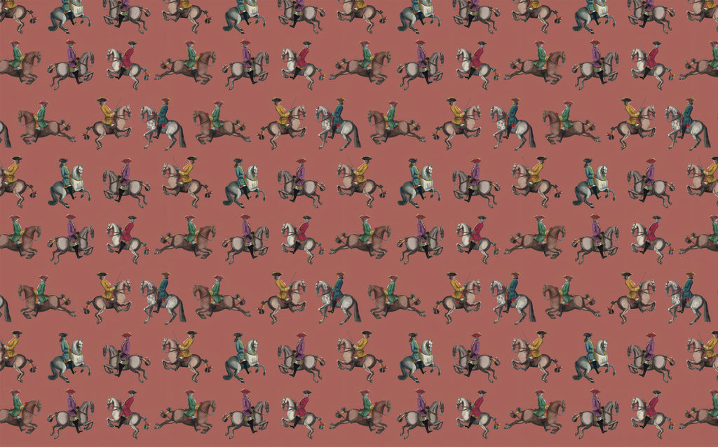 Horse Riders Wallpaper : Vintage Cavalry on Terracotta Pattern Mural - flat design