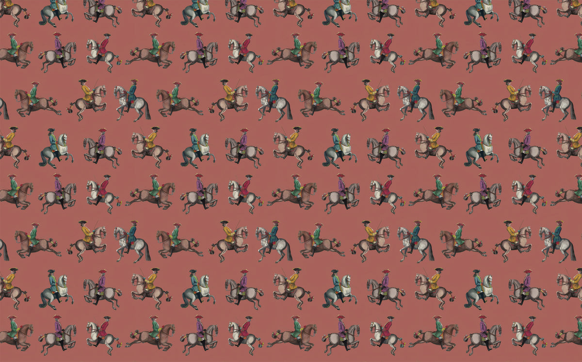 Horse Riders Wallpaper : Vintage Cavalry on Terracotta Pattern Mural - flat design