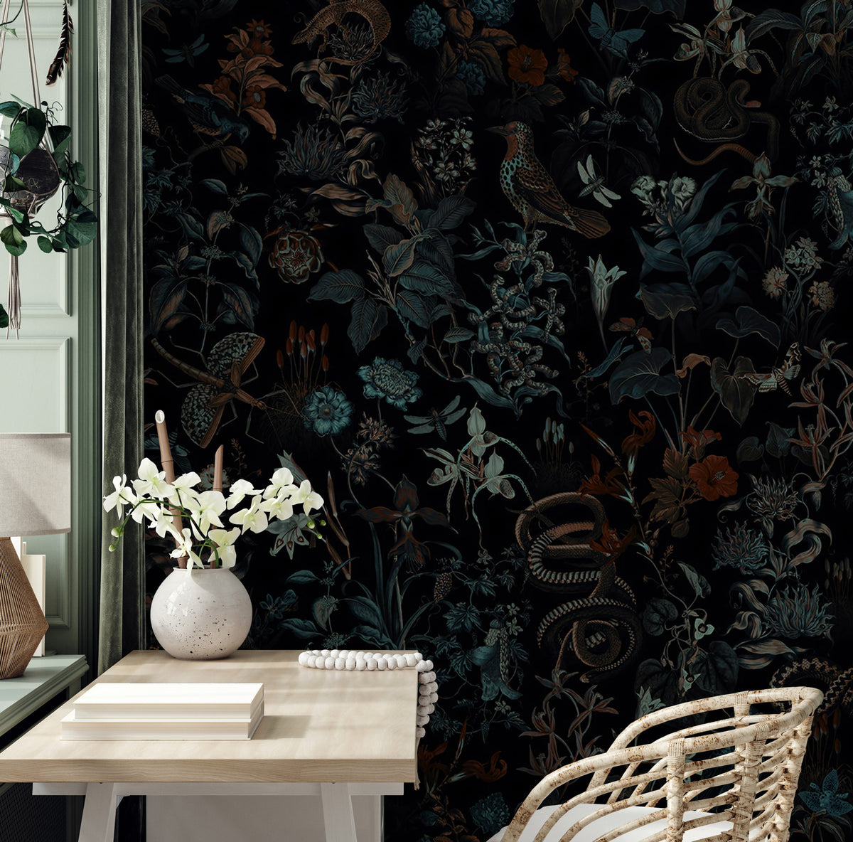Dark Botanical Wallpaper : Moody Leaves and Birds Pattern - View 4