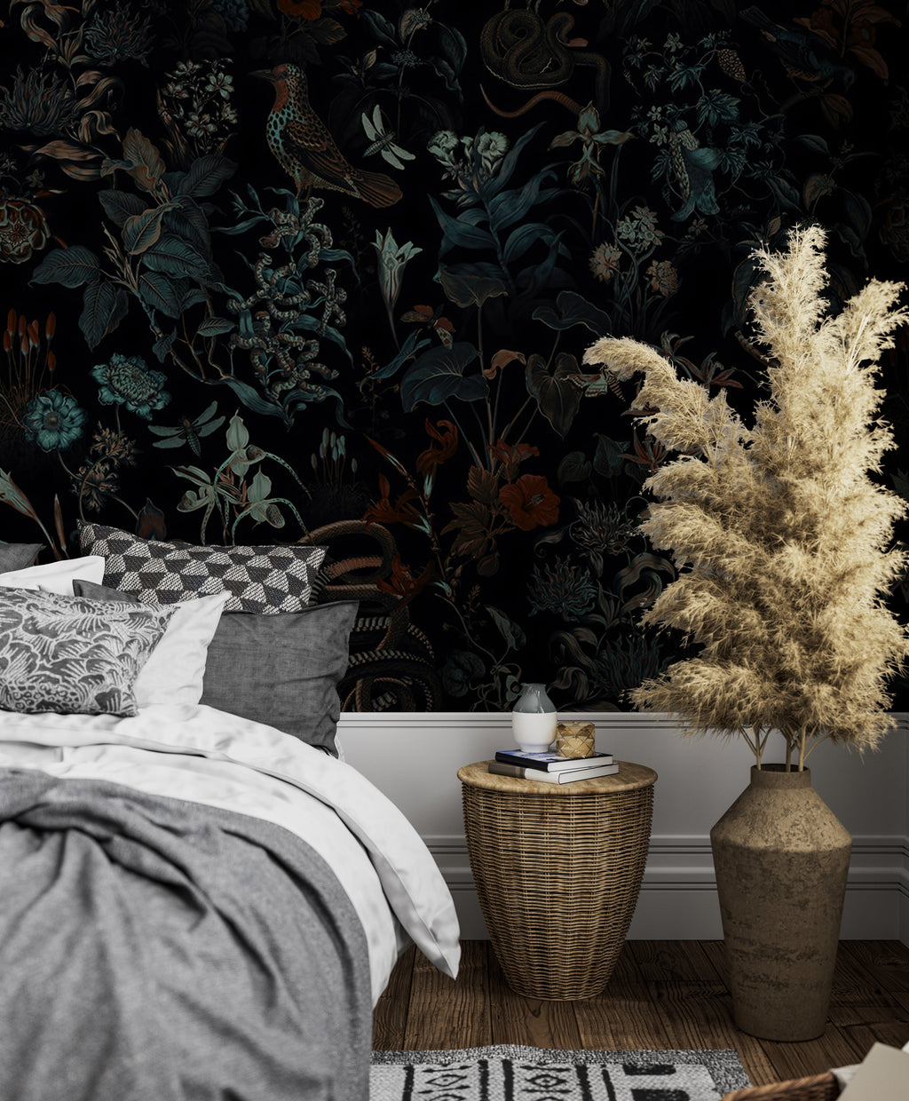 Dark Botanical Wallpaper : Moody Leaves and Birds Pattern - View 3