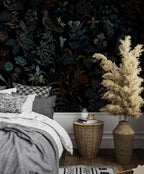 Dark Botanical Wallpaper : Moody Leaves and Birds Pattern - View 3
