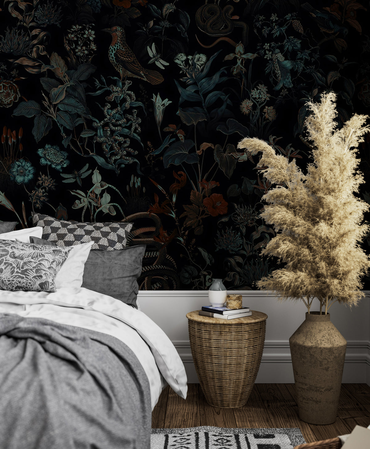 Dark Botanical Wallpaper : Moody Leaves and Birds Pattern - View 3