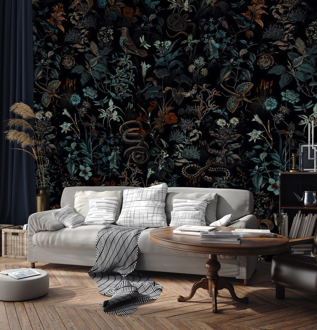 Dark Botanical Wallpaper : Moody Leaves and Birds Pattern