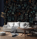 Dark Botanical Wallpaper : Moody Leaves and Birds Pattern
