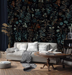 Dark Botanical Wallpaper : Moody Leaves and Birds Pattern