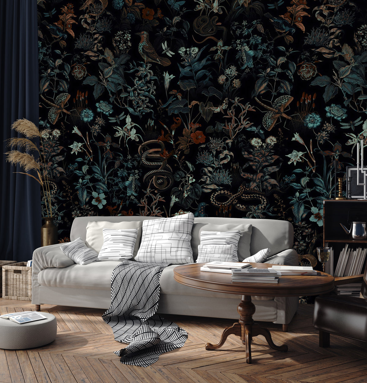 Dark Botanical Wallpaper : Moody Leaves and Birds Pattern