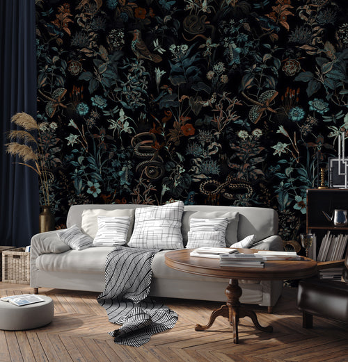 Dark Botanical Wallpaper : Moody Leaves and Birds Pattern