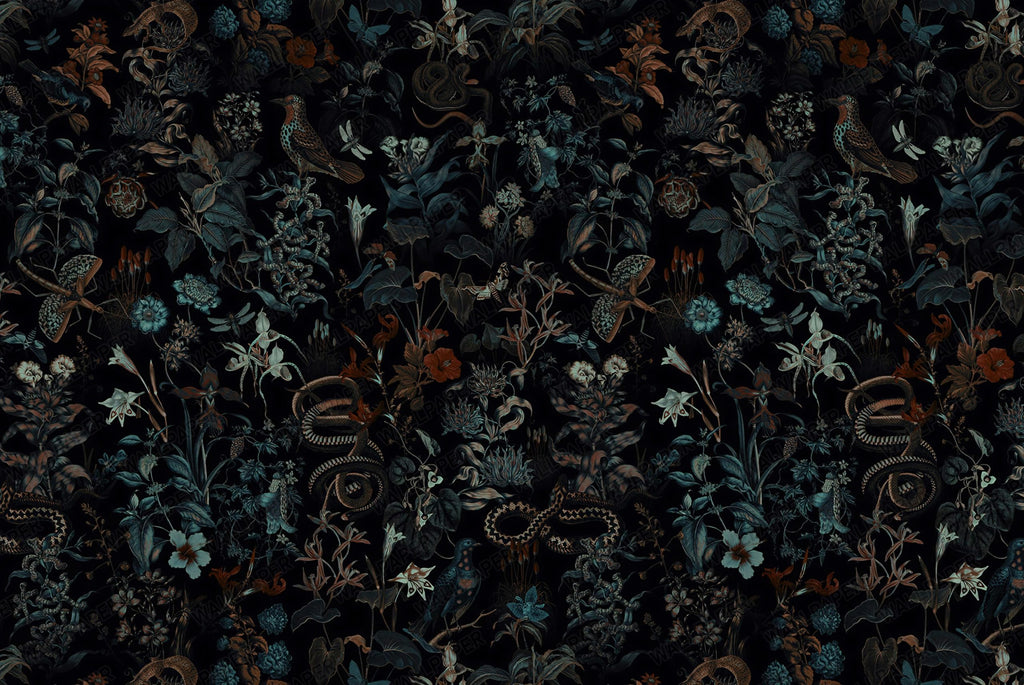 Dark Botanical Wallpaper : Moody Leaves and Birds Pattern - View 2