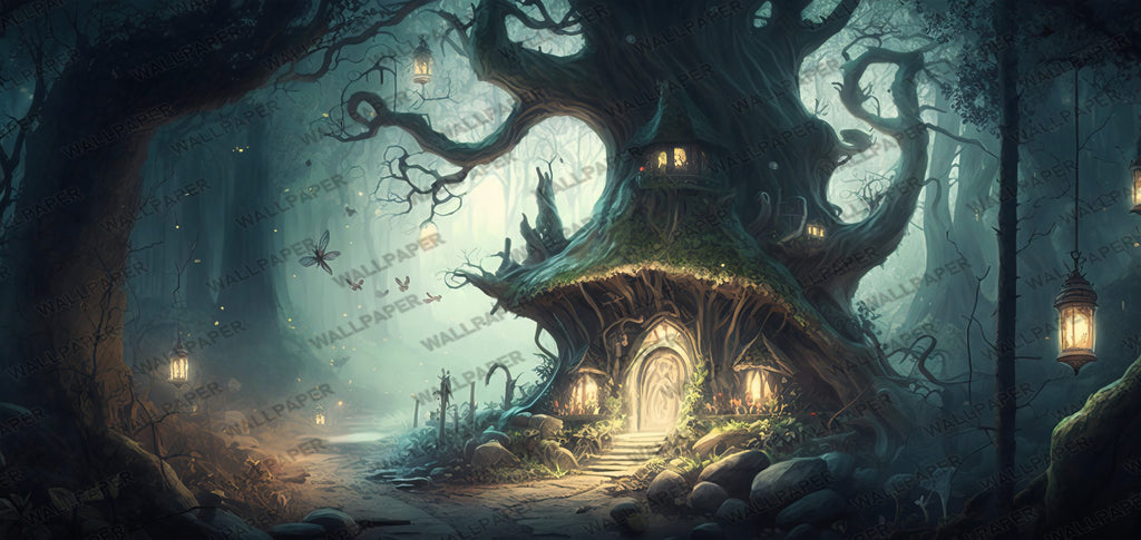 Enchanted Forest Wallpaper : Fairytale Tree House Mural - View 2