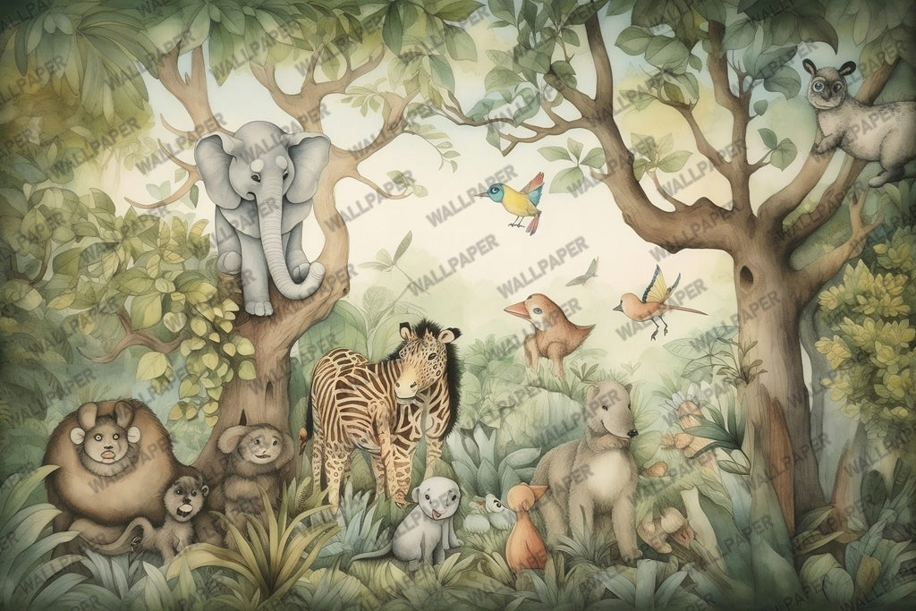 Woodland Animals Kids Wallpaper : Painted Forest Friends Mural - View 2