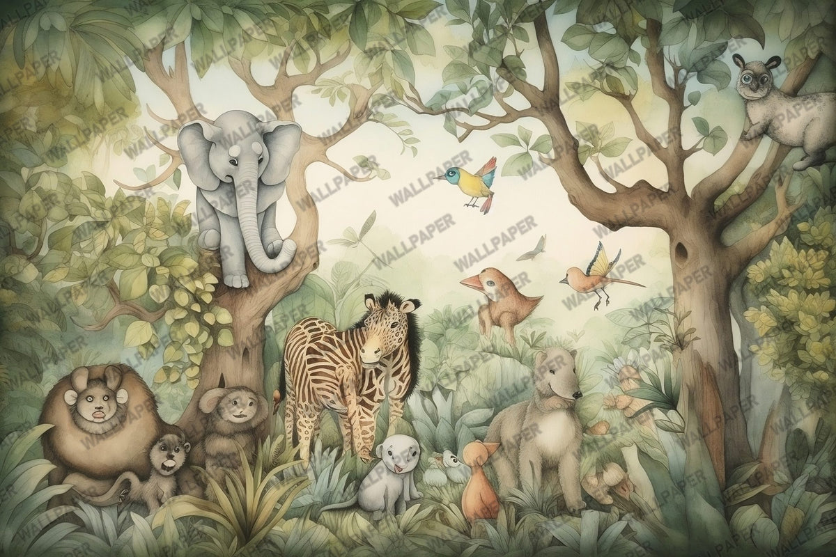 Woodland Animals Kids Wallpaper : Painted Forest Friends Mural - View 2