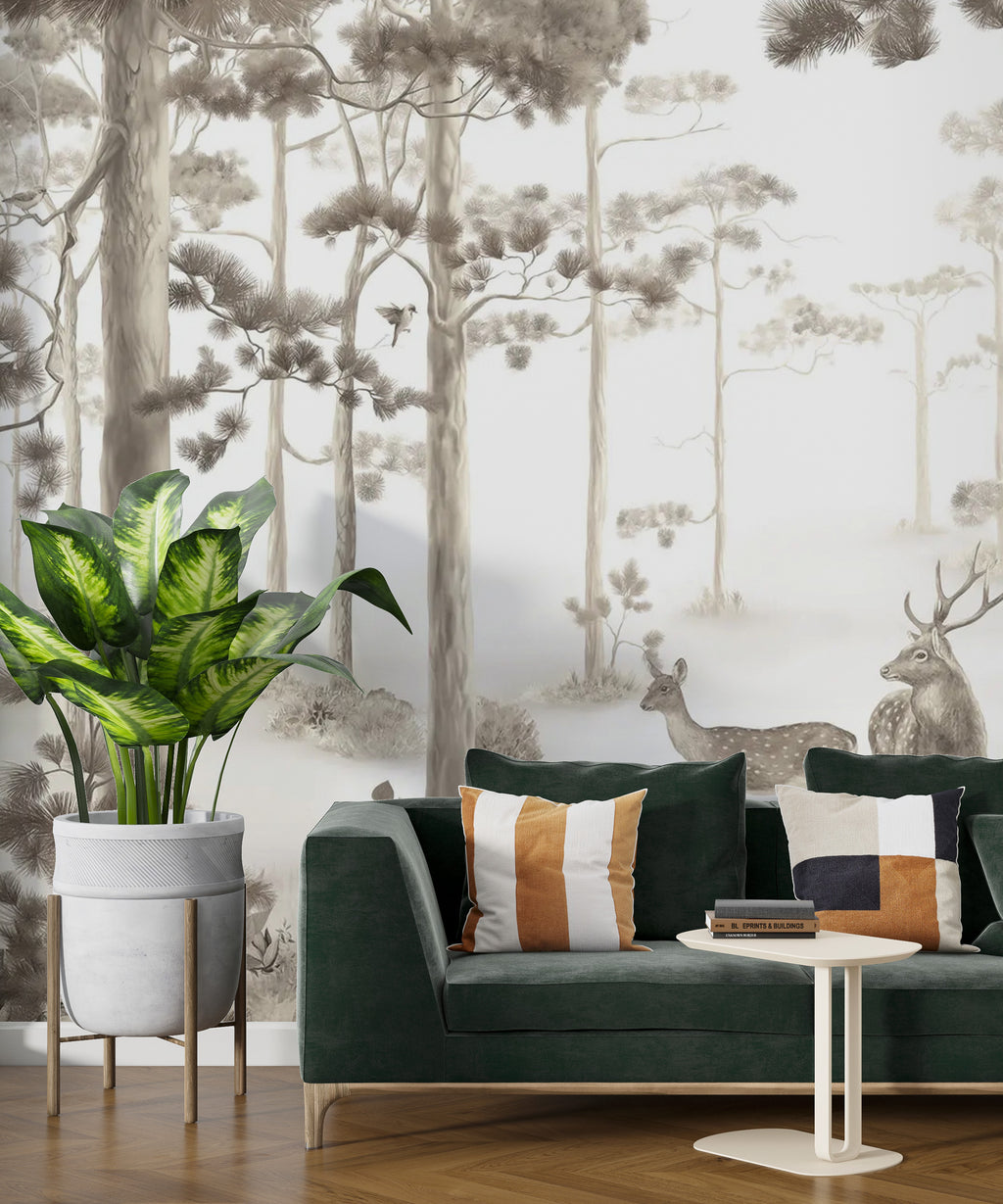 Beige Forest Deer Wallpaper : Soft Sepia Woodland Mural - View 3