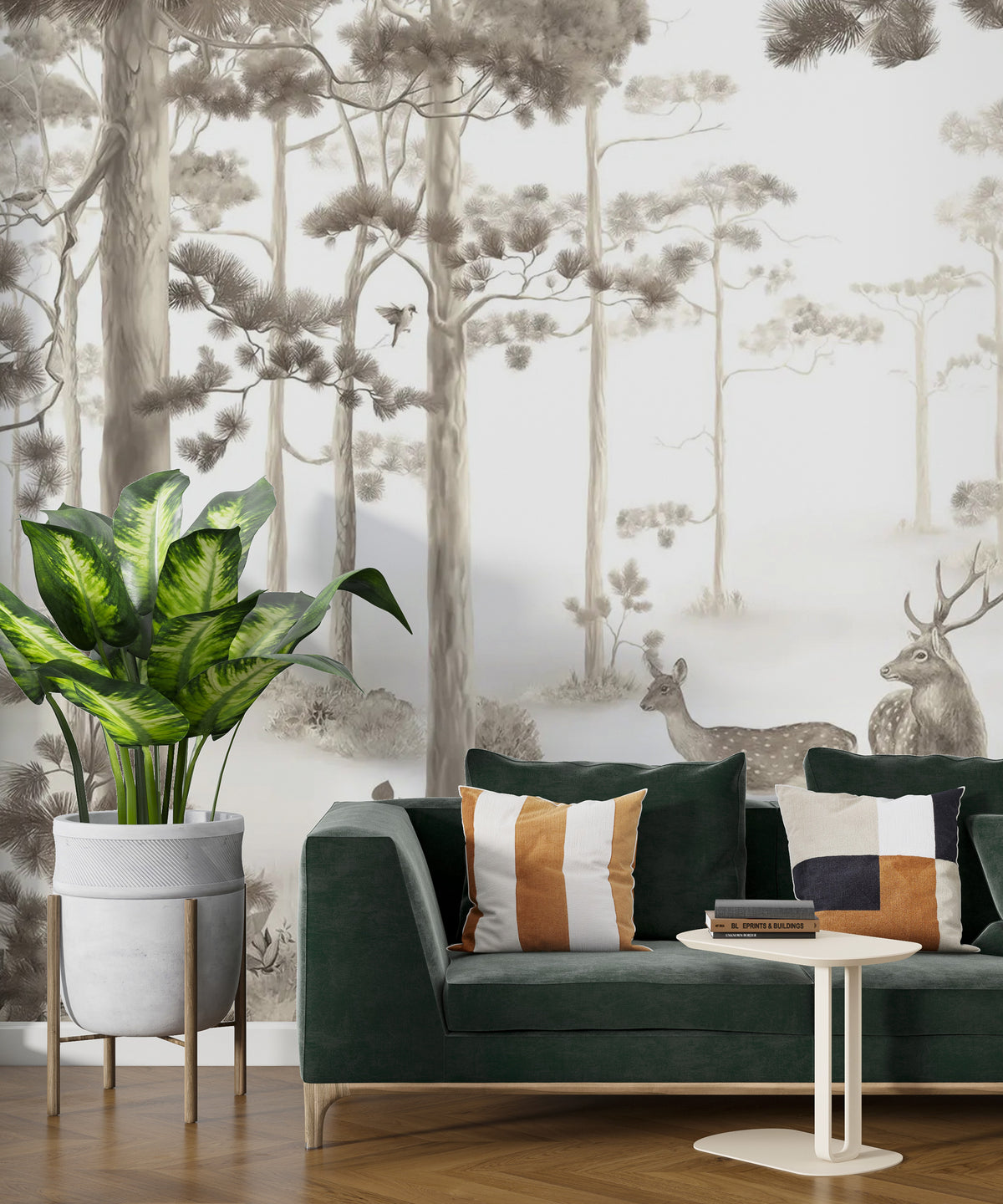Beige Forest Deer Wallpaper : Soft Sepia Woodland Mural - View 3