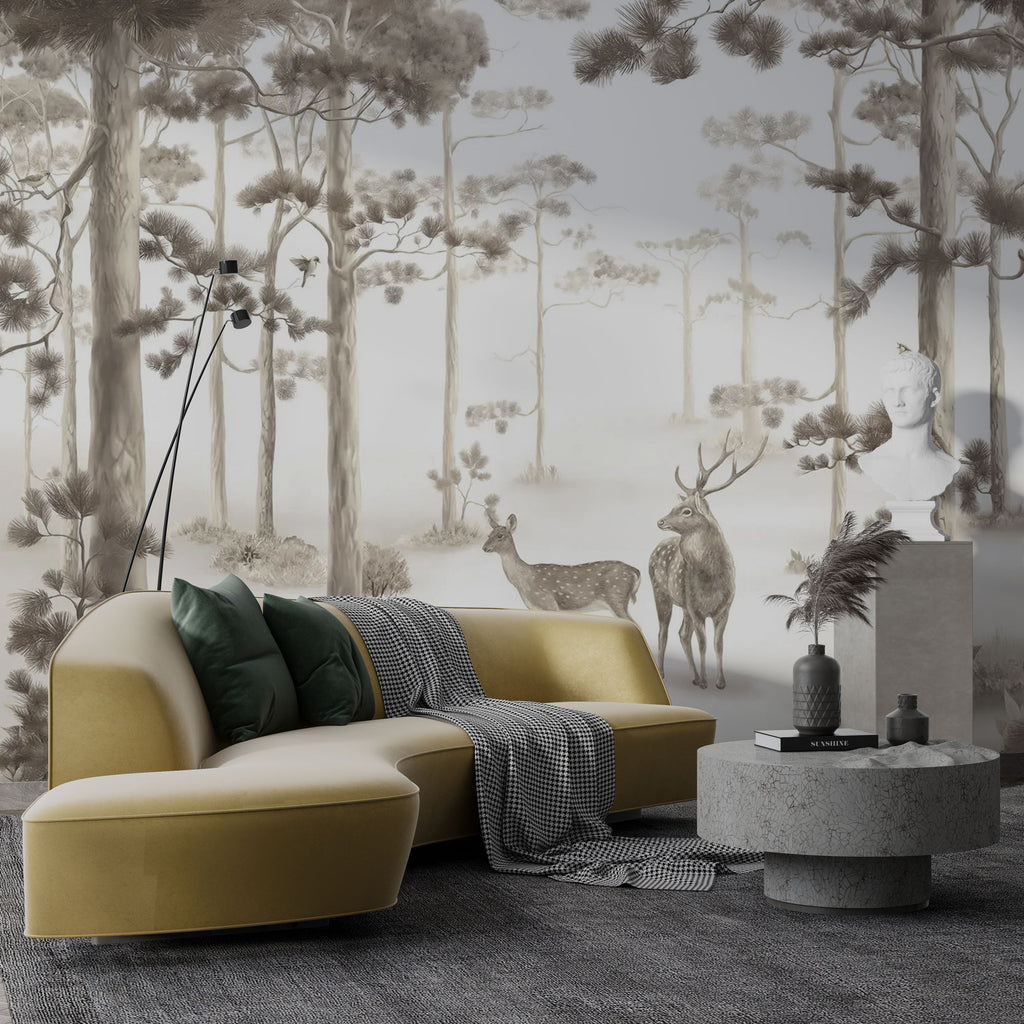 Beige Forest Deer Wallpaper : Soft Sepia Woodland Mural - View 4