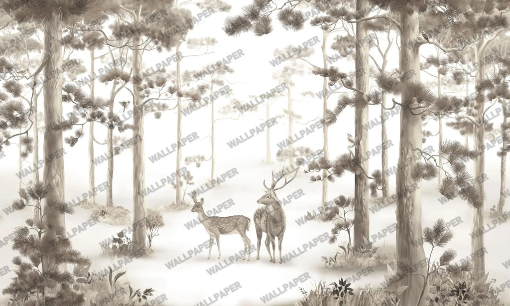 Beige Forest Deer Wallpaper : Soft Sepia Woodland Mural - flat design