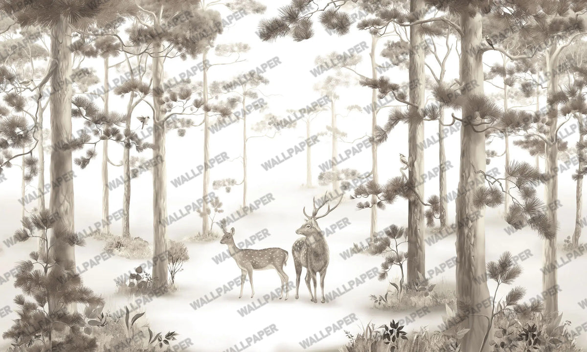 Beige Forest Deer Wallpaper : Soft Sepia Woodland Mural - flat design