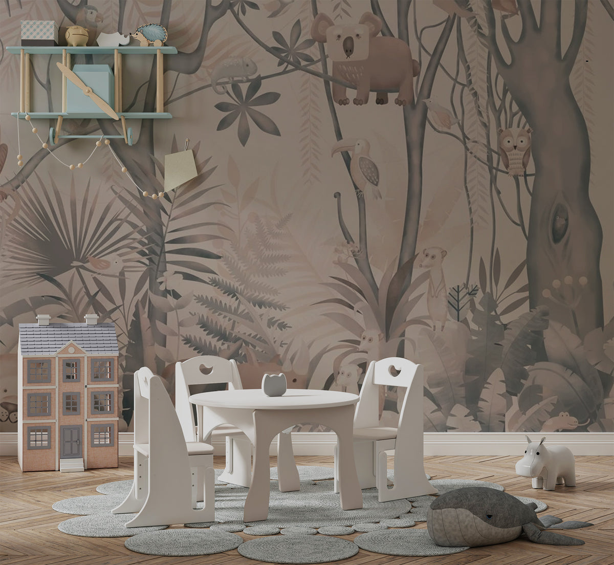 Soft Jungle Animals Wallpaper : Pastel Tropical Kids Mural - View 3