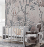 Soft Jungle Animals Wallpaper : Pastel Tropical Kids Mural - View 4