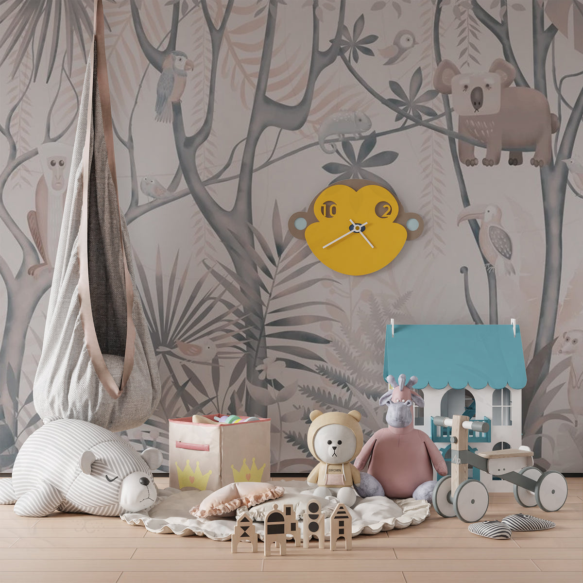 Soft Jungle Animals Wallpaper : Pastel Tropical Kids Mural - View 5